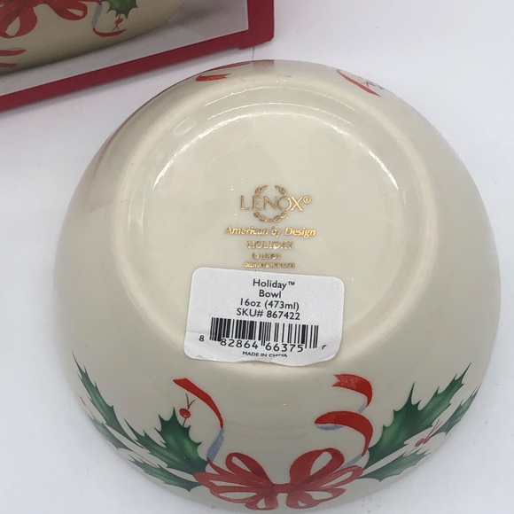 Lenox Holiday Bowl 16oz Holly & Ribbon Design New in Box Christmas Tableware - Picture 3 of 5